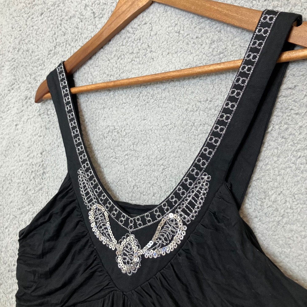Y2K VTG Cable & Gauge Tank Top XL Black Sequin V-Neck Ruched Smocked Babydoll - Picture 4 of 6